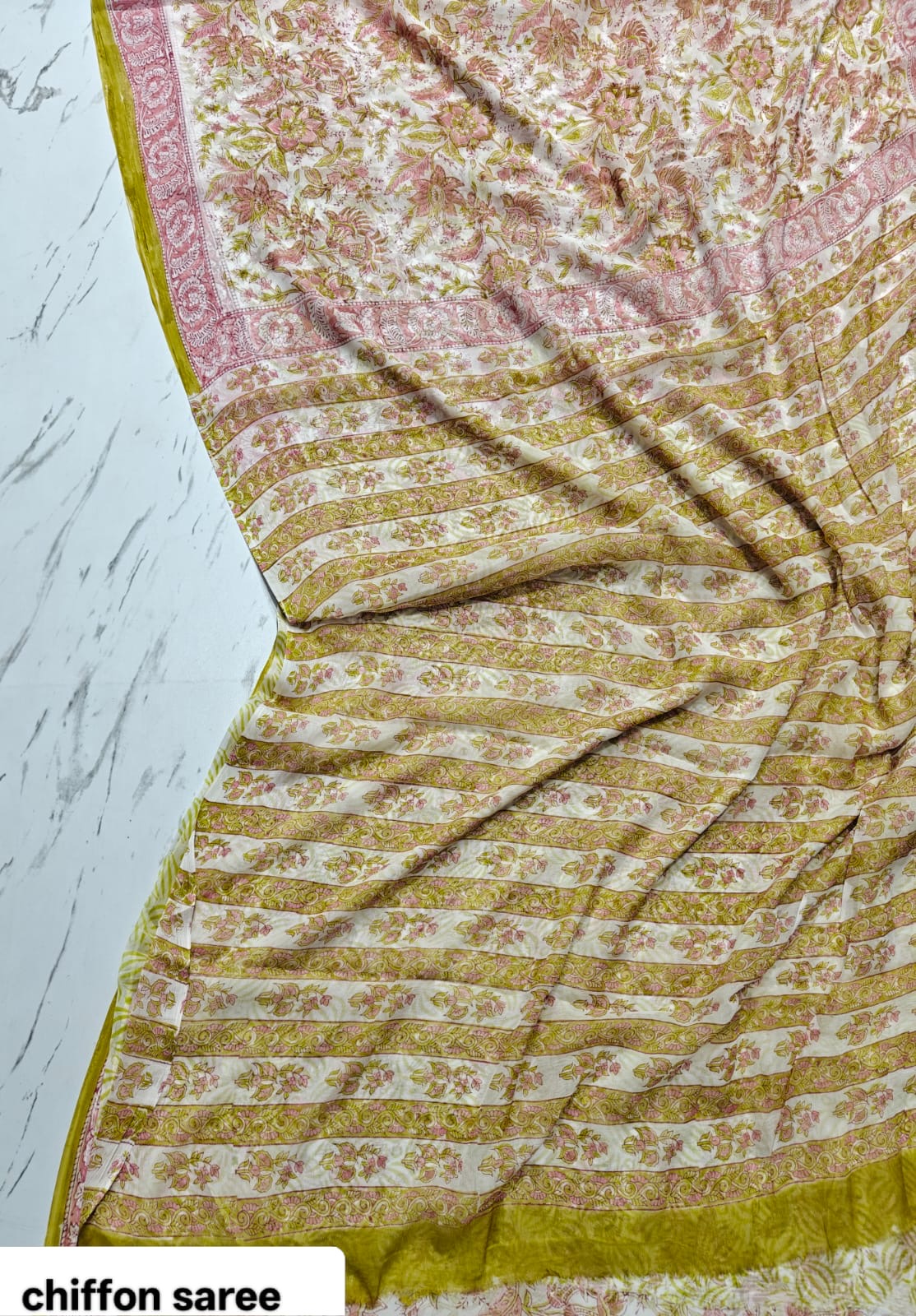 Chiffon Handblock Printed Saree : Availablility up on production