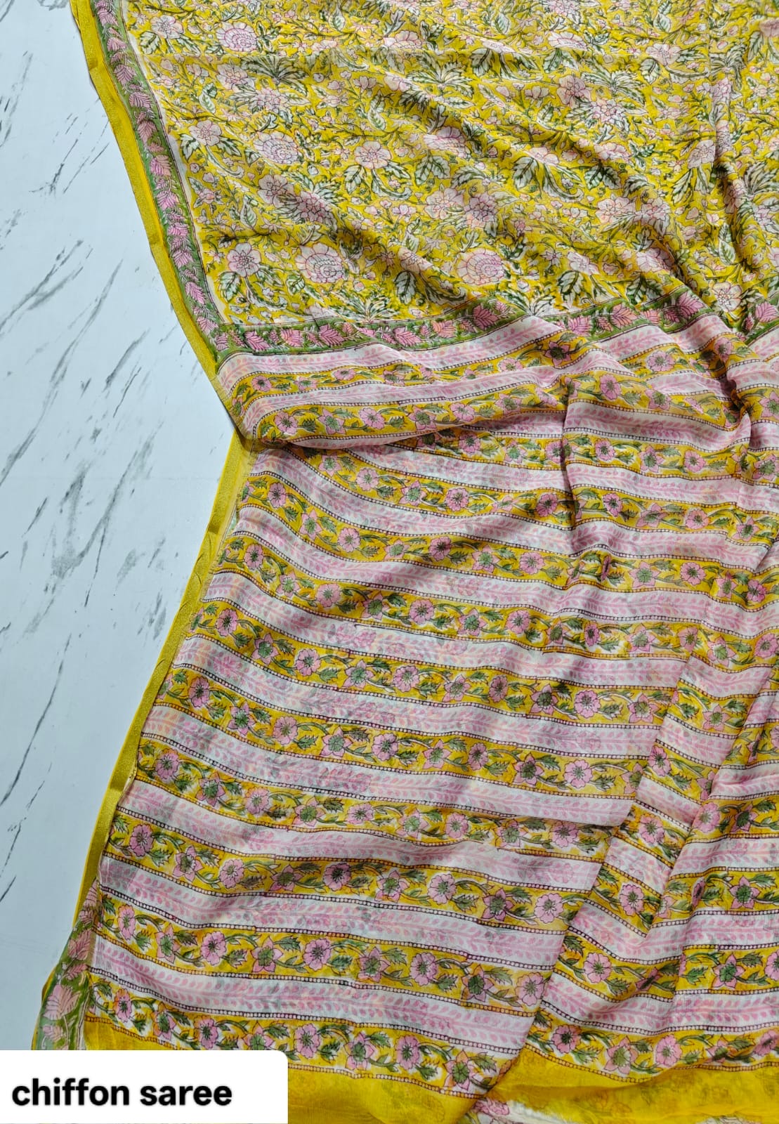 Chiffon Handblock Printed Saree : Availablility up on production