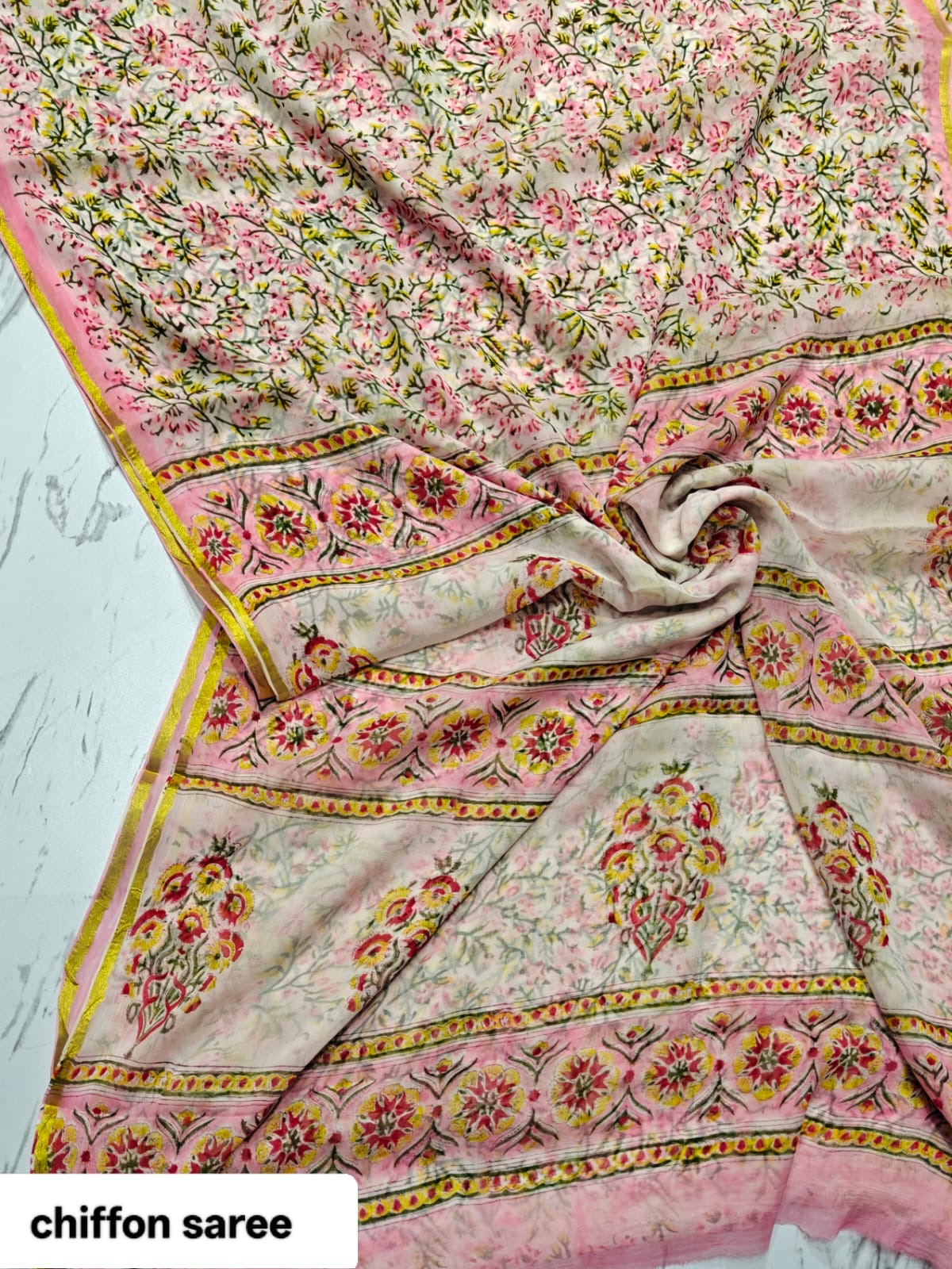 Chiffon Handblock Printed Saree : Availablility up on production