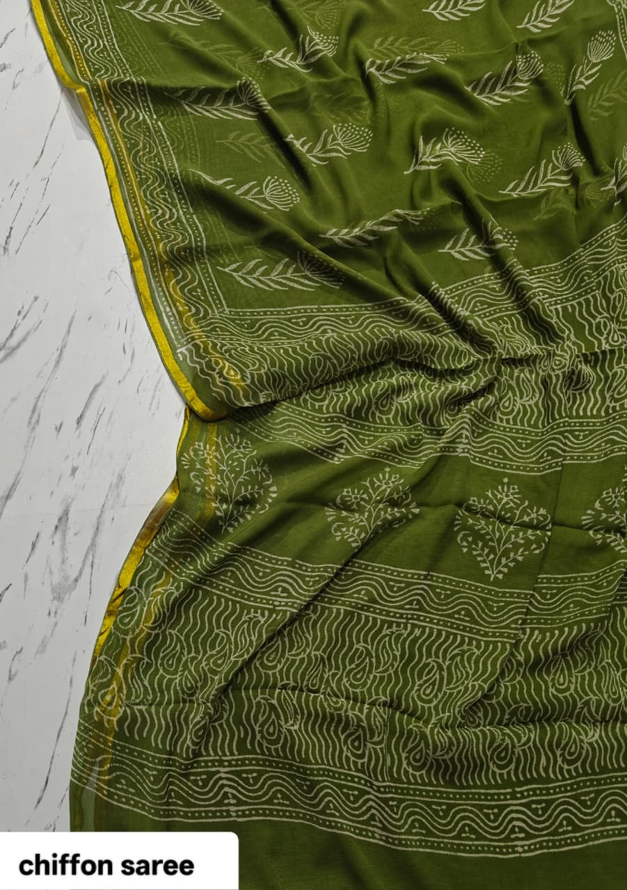 Chiffon Handblock Printed Saree : Availability up on Production