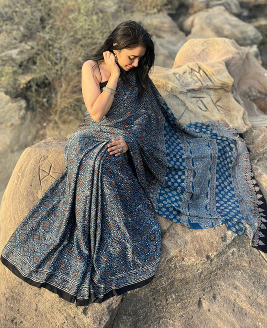 Ajrakh modal silk saree: Ready to ship