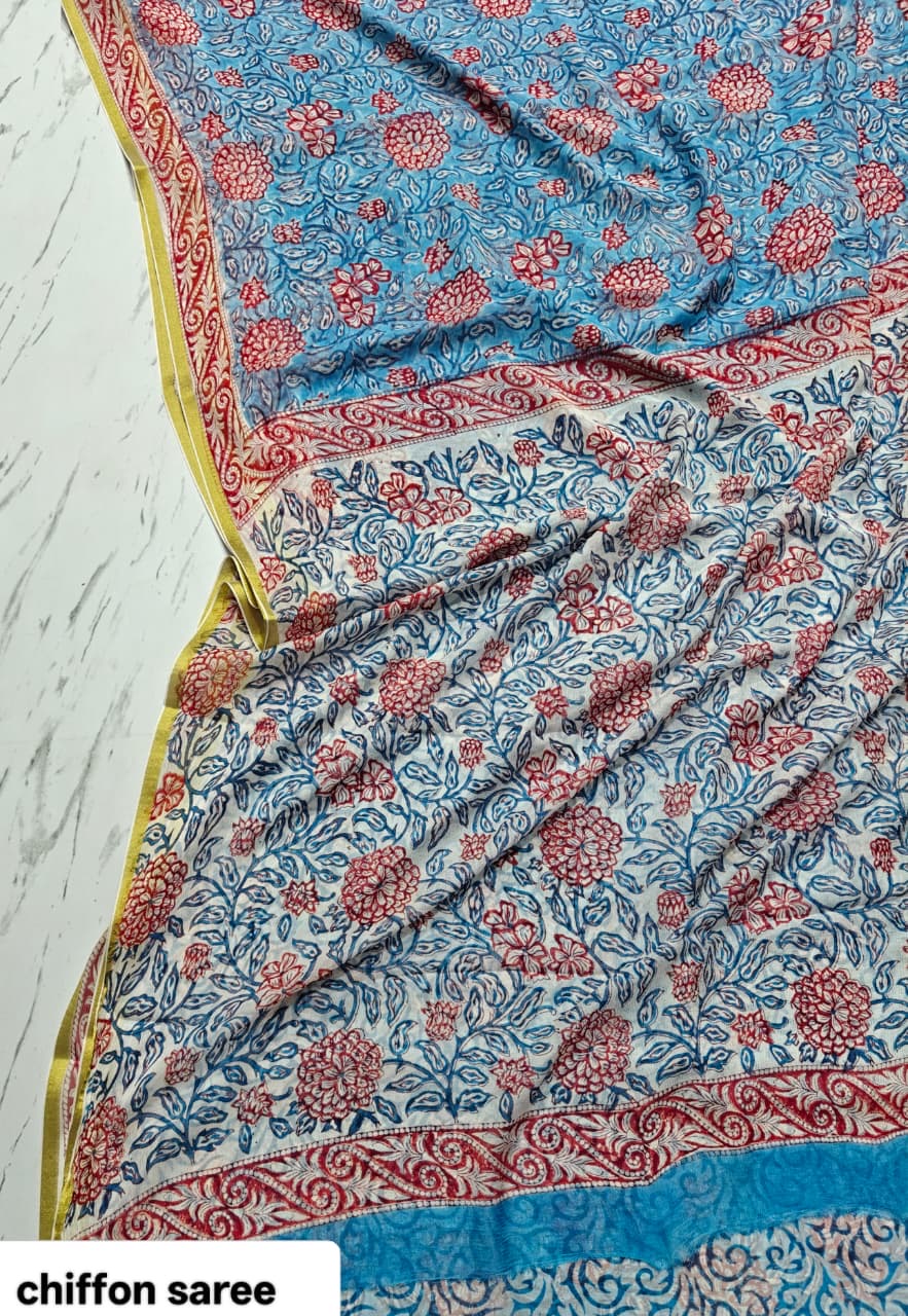 Chiffon Handblock Printed Saree : Availability up on Production