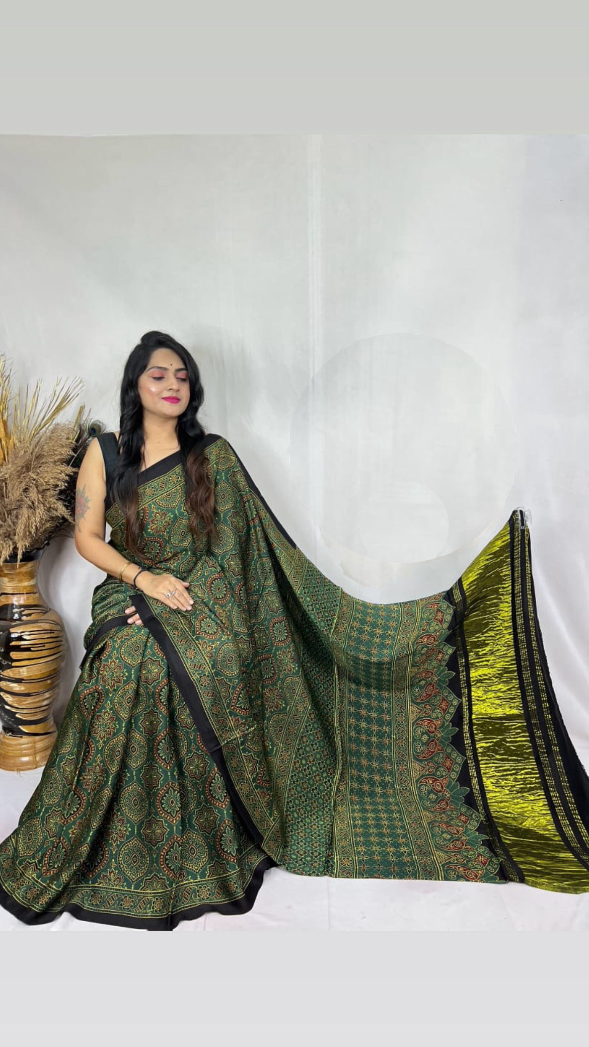 Ajrakh Modal Tissue Pallu Saree : Make to order