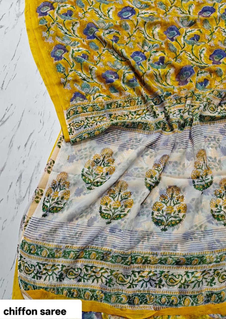 Chiffon Handblock Printed Saree : Availablility up on production