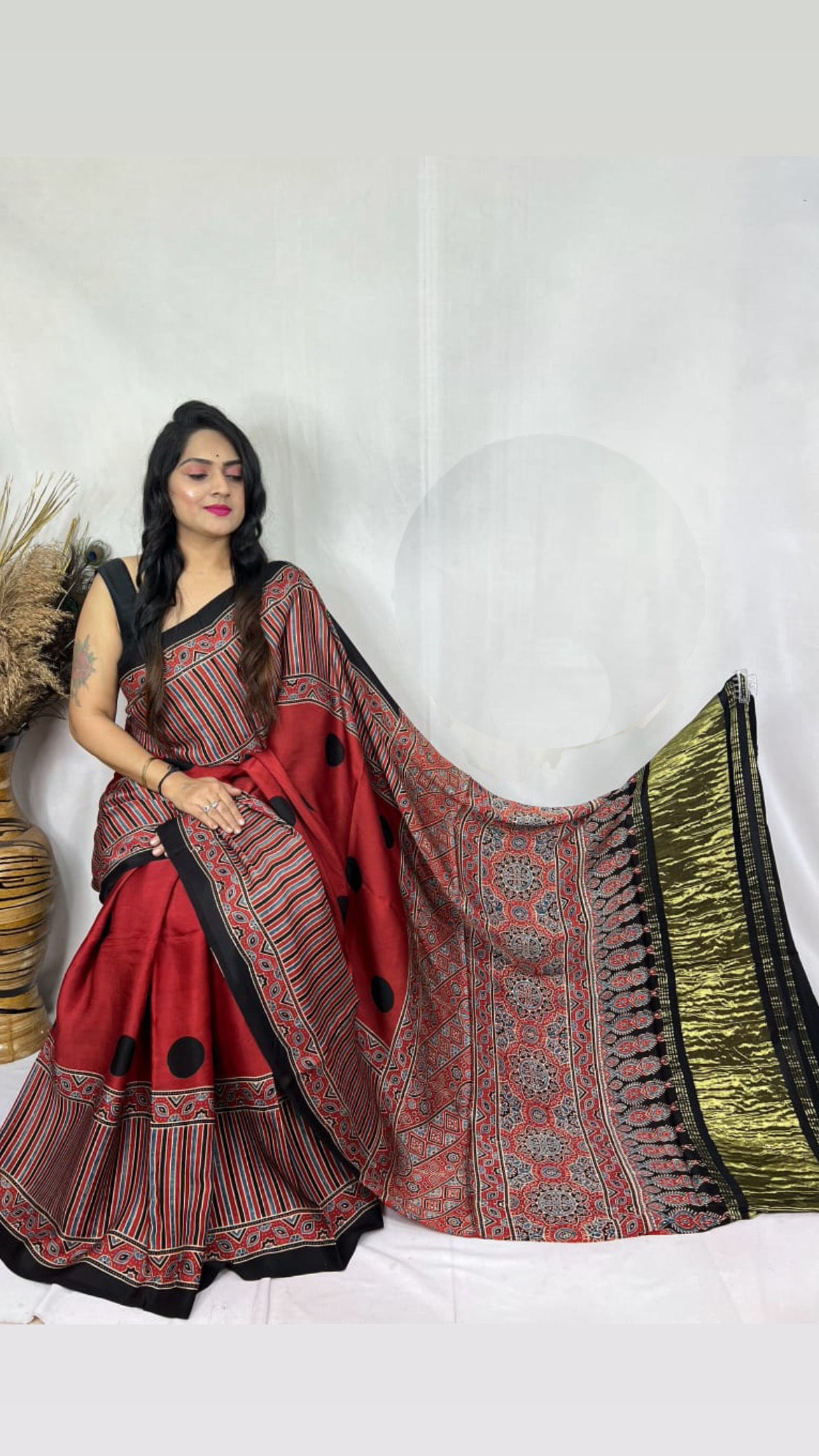 Ajrakh Modal Tissue Pallu Saree : Make to order