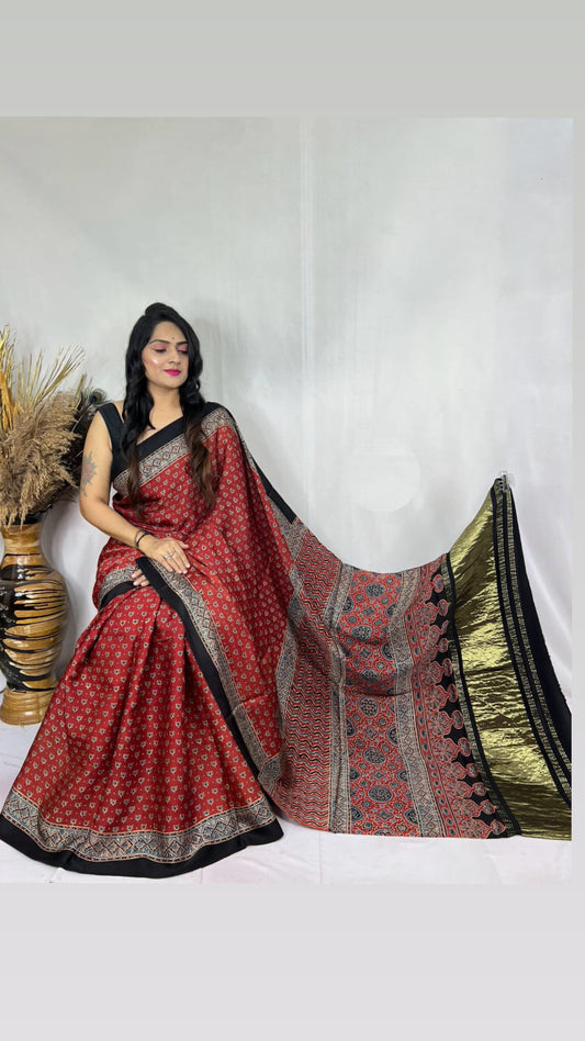 Ajrakh modal silk tissue pallu saree : Make to order