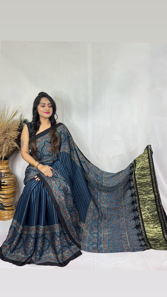 Ajrakh Modal Tissue Pallu Saree : Make to order