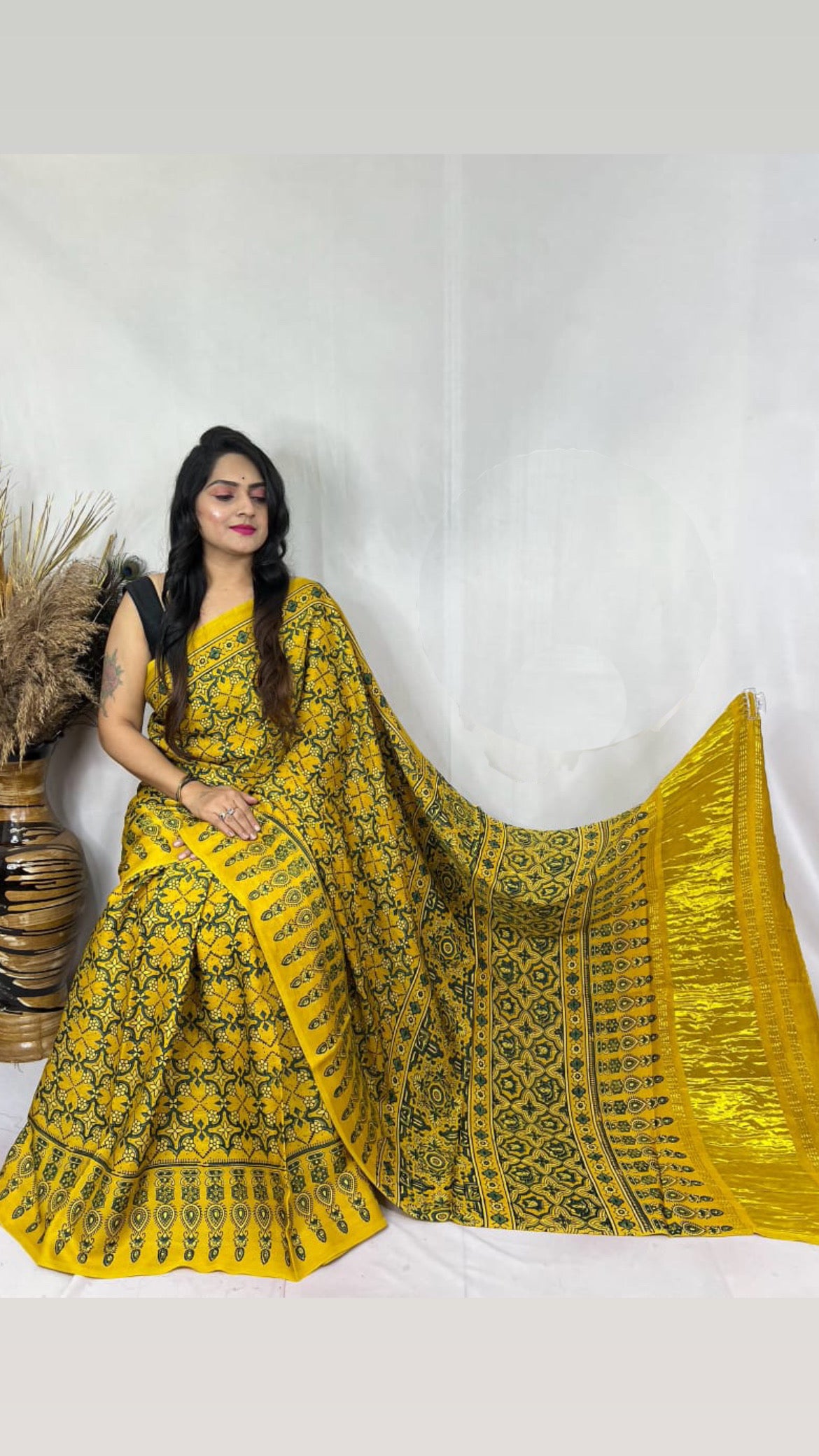 Ajrakh Modal Tissue Pallu Saree : Make to order
