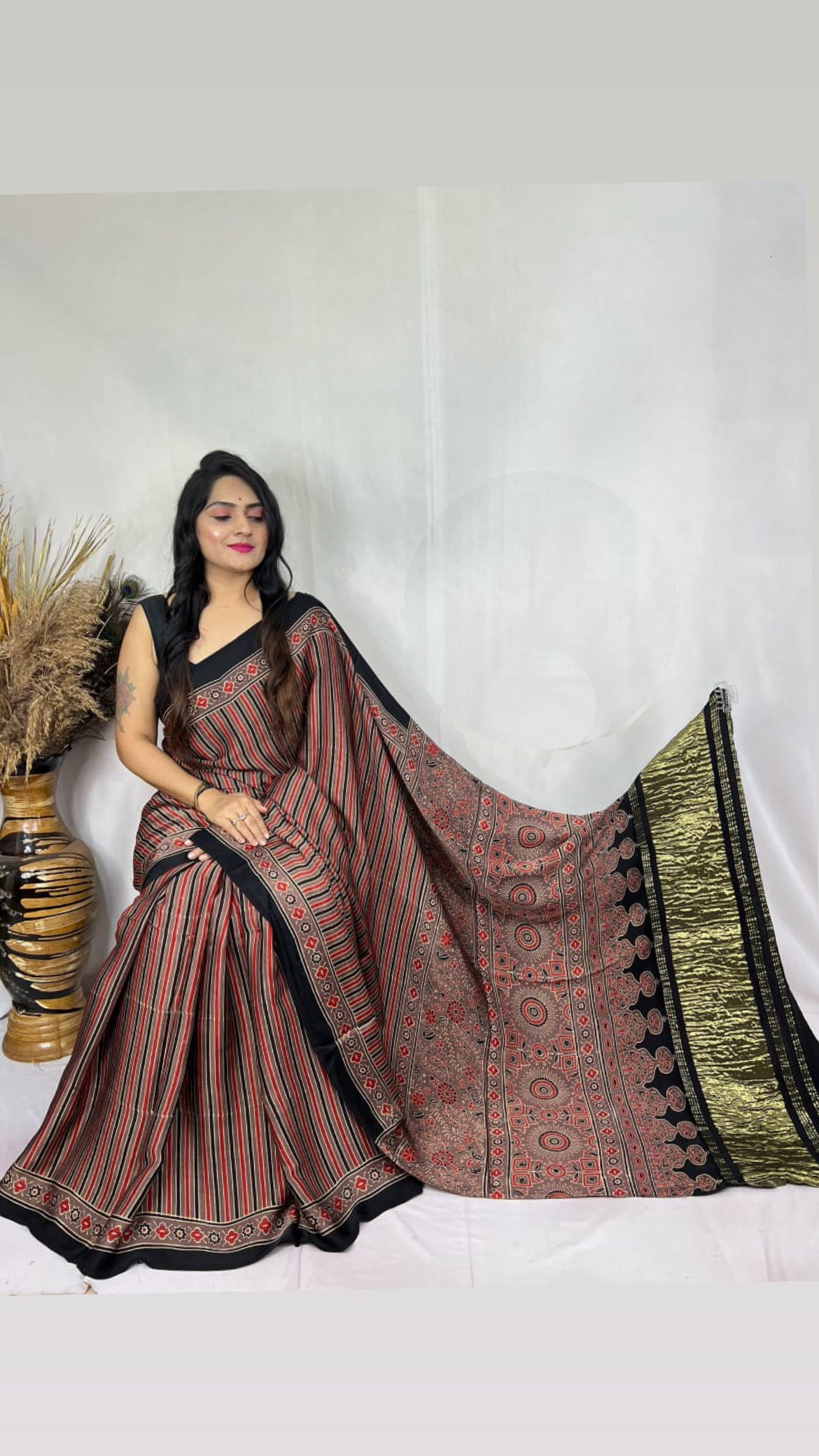 Ajrakh Modal Tissue Pallu Saree : Make to order