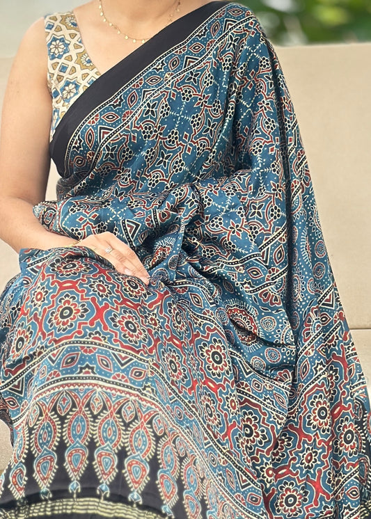 Ajrakh modal silk saree : Ready to ship