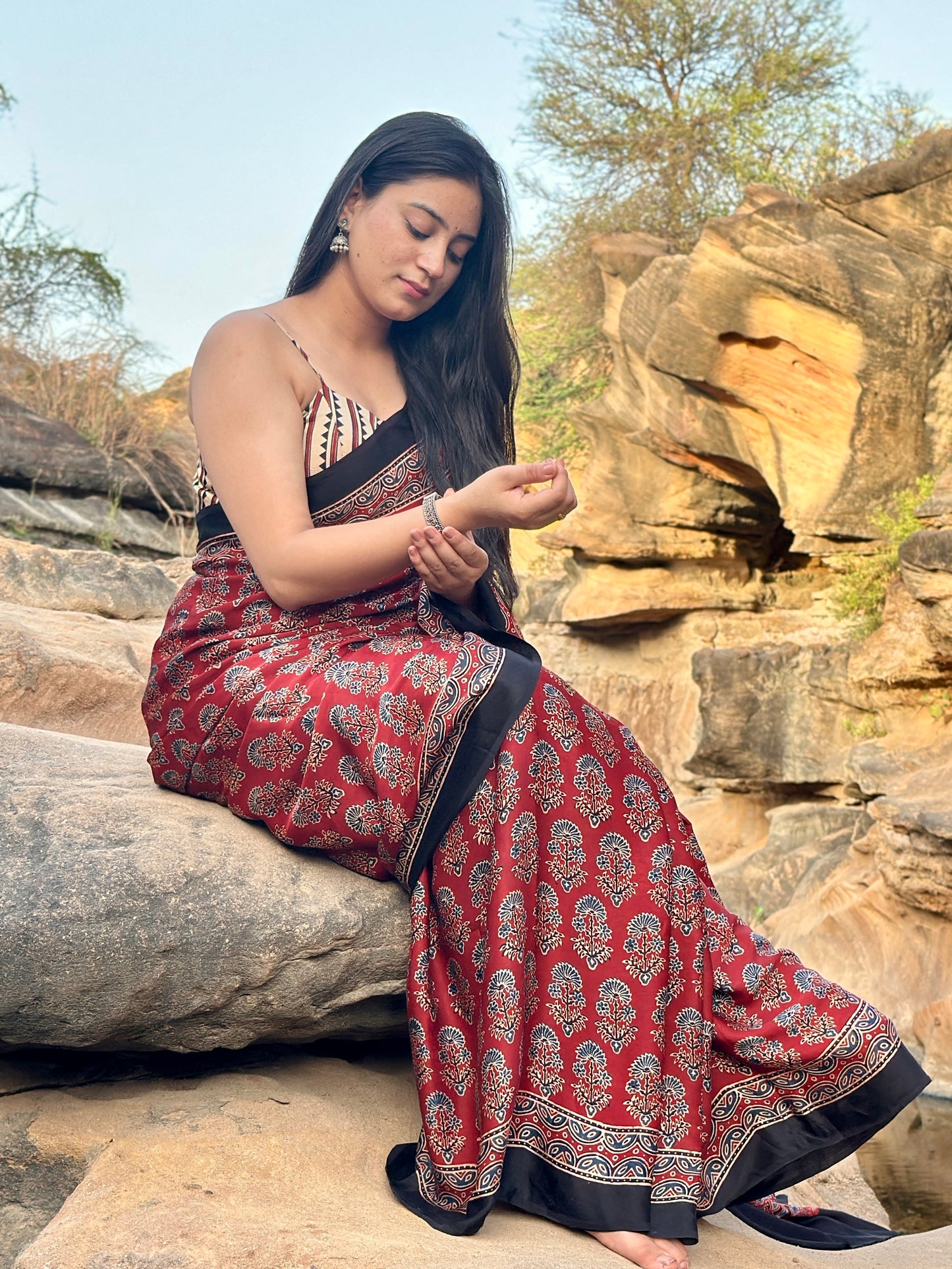 Ajrakh modal silk saree : Ready to ship (with gota border)