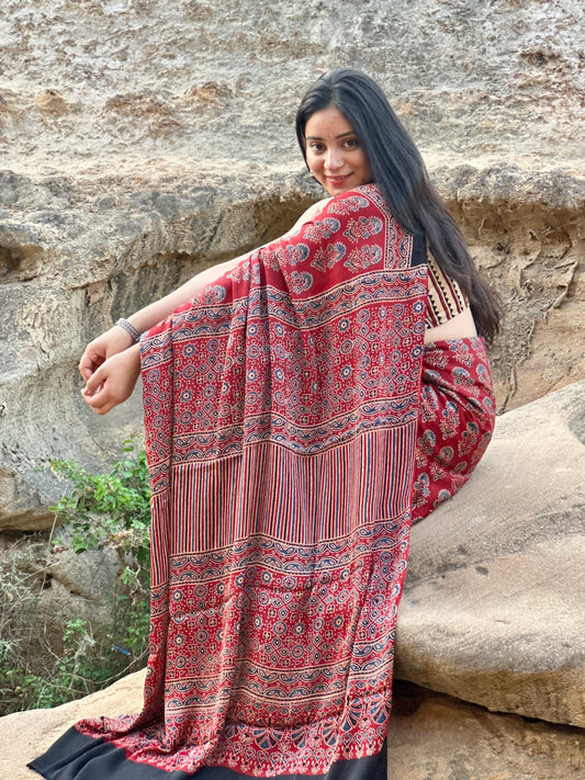 Ajrakh modal silk saree : Ready to ship (with gota border)