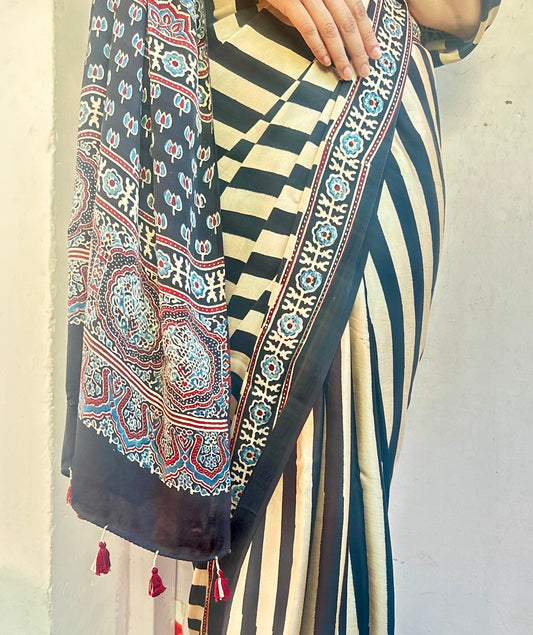 Ajrakh modal silk saree : Make to order