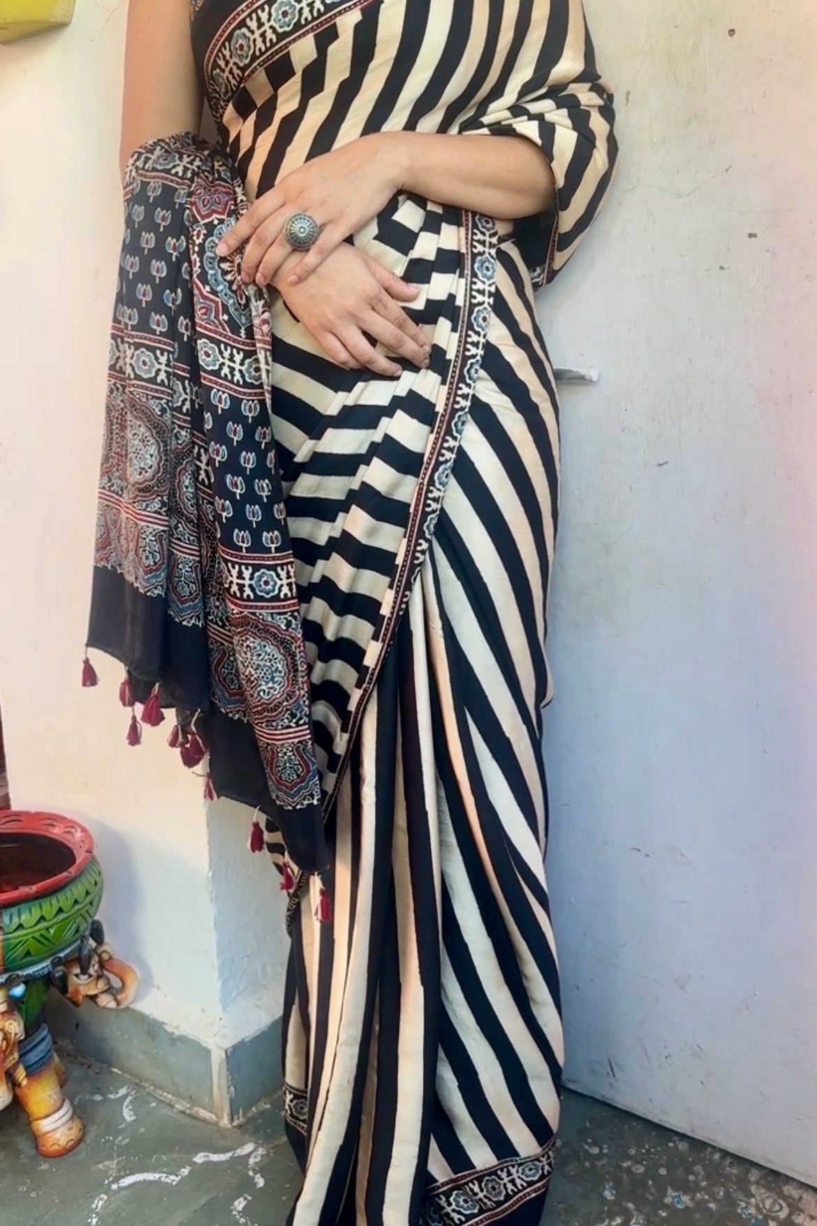 Ajrakh modal silk saree : Make to order