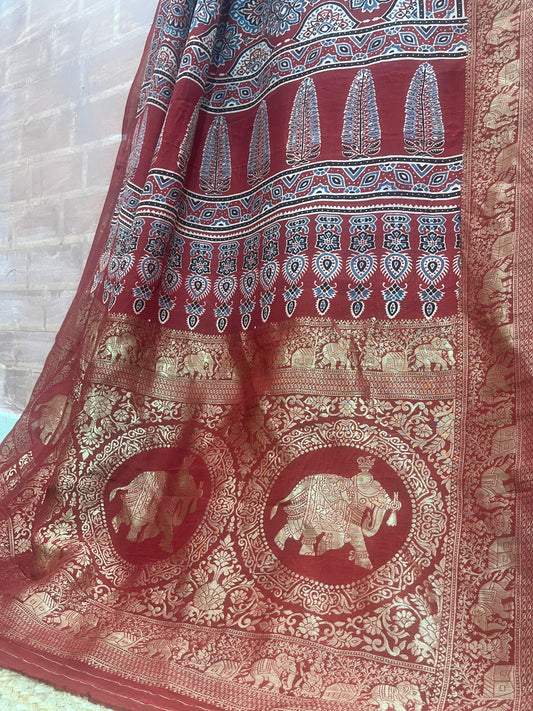 Ajrakh Dola silk saree : Make to order