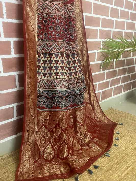 Ajrakh Dola silk saree : Make to order