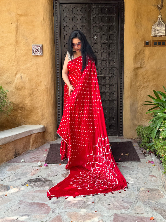 Handtied Bandhej with hand stitched mirrors: Ready to ship
