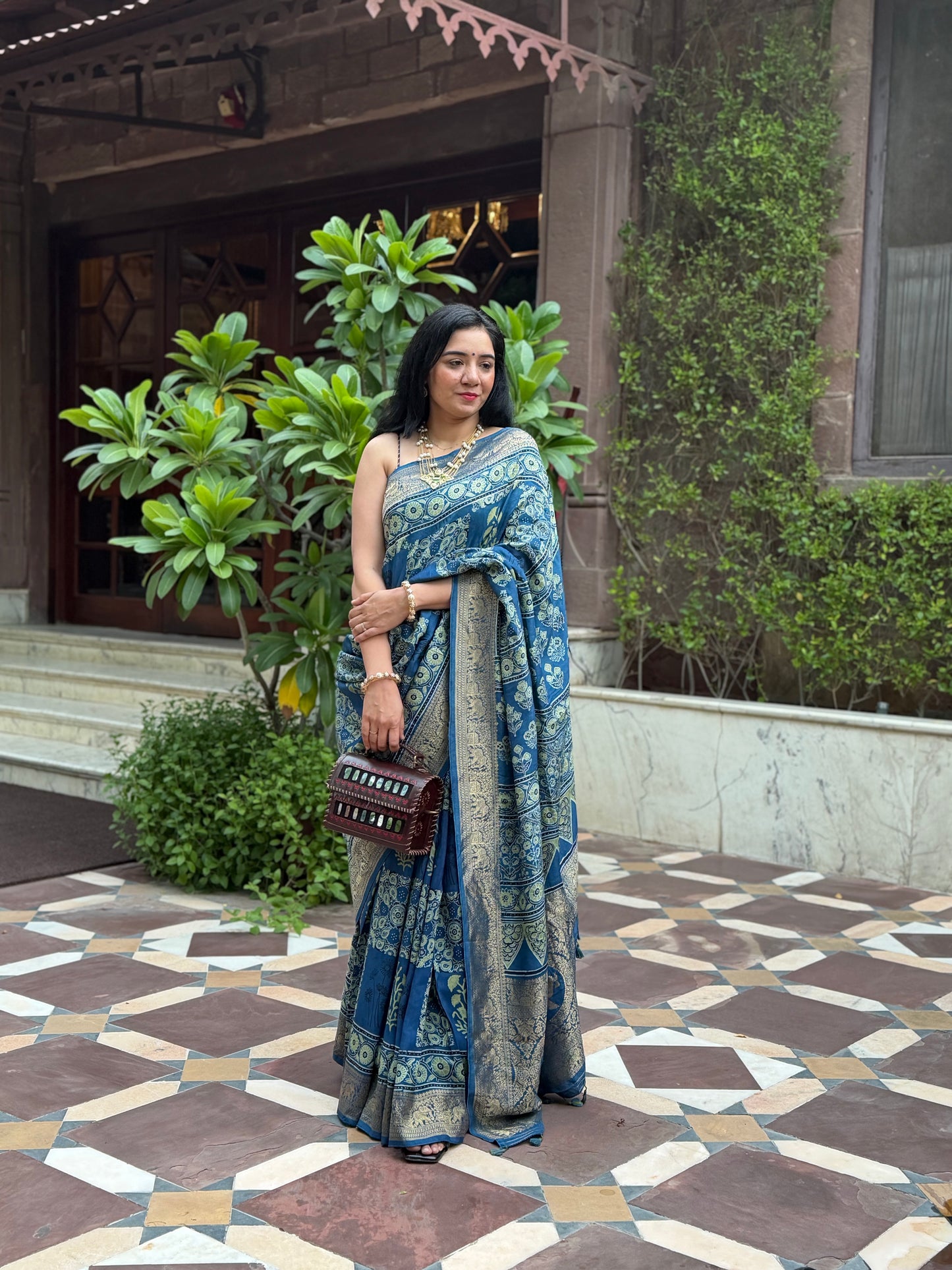 Ajrakh Dola silk saree : Ready to ship