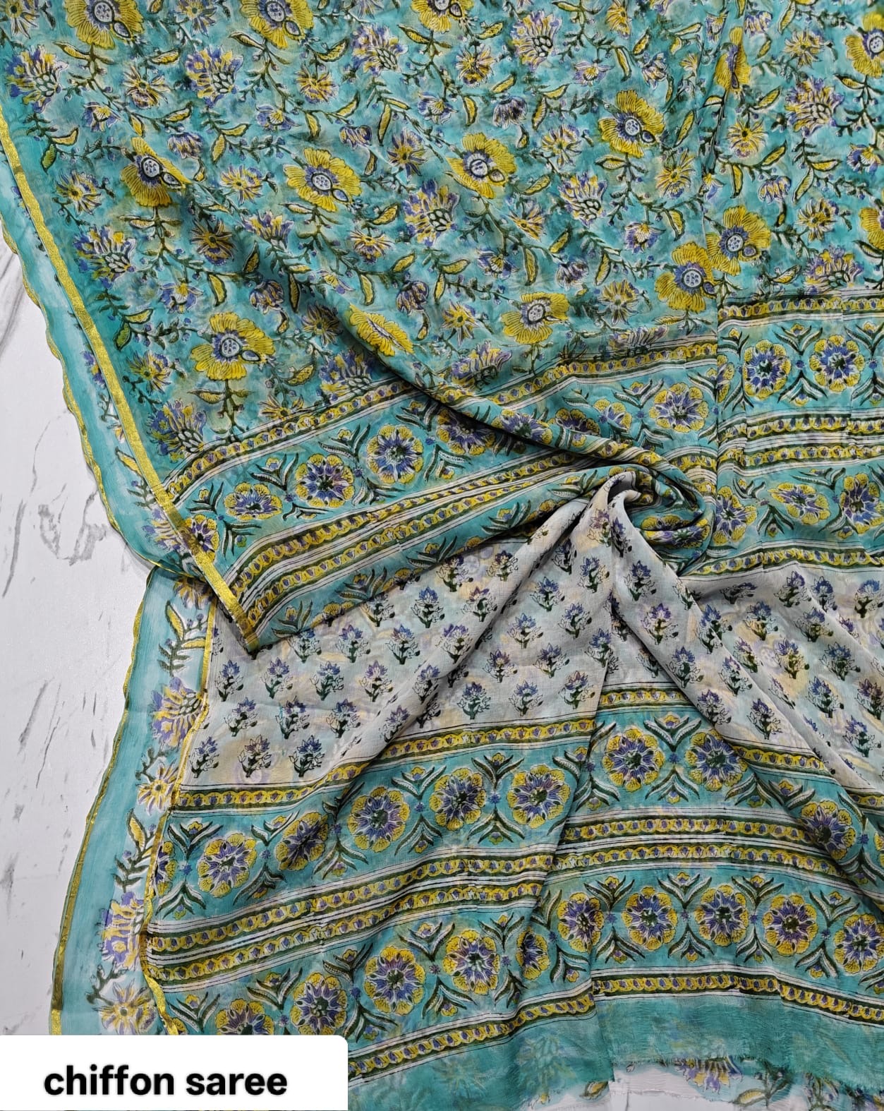 Chiffon Handblock Printed Saree : Availability up on Production