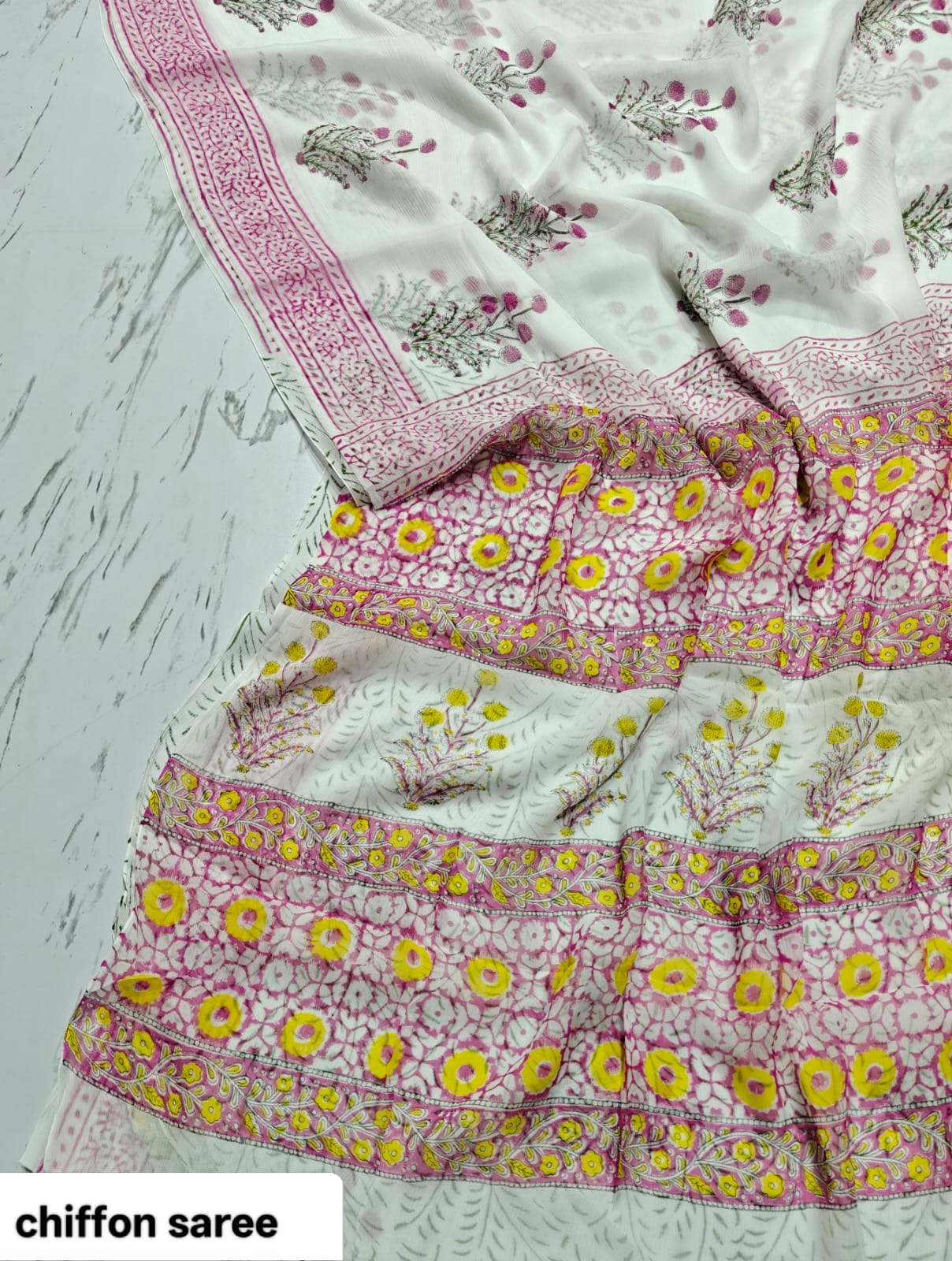 Chiffon Handblock Printed Saree : Availability up on Production