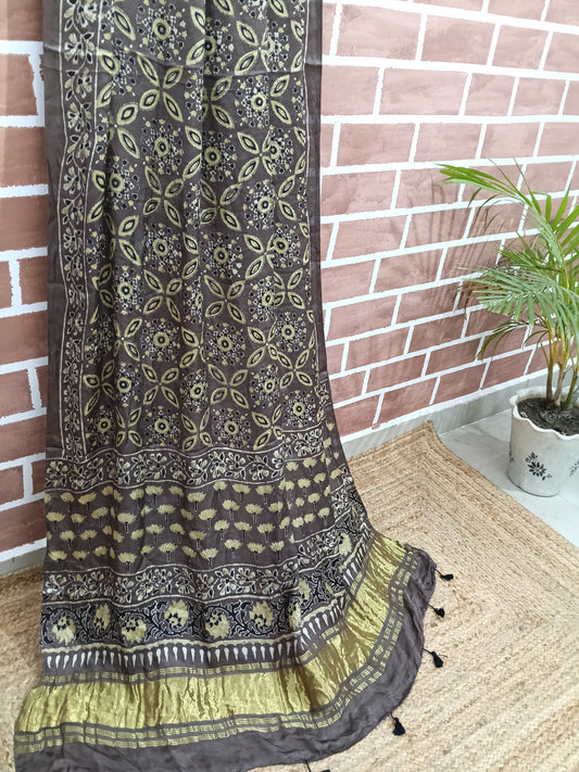 Ajrakh Modal Tissue Dupatta - Brown & gold