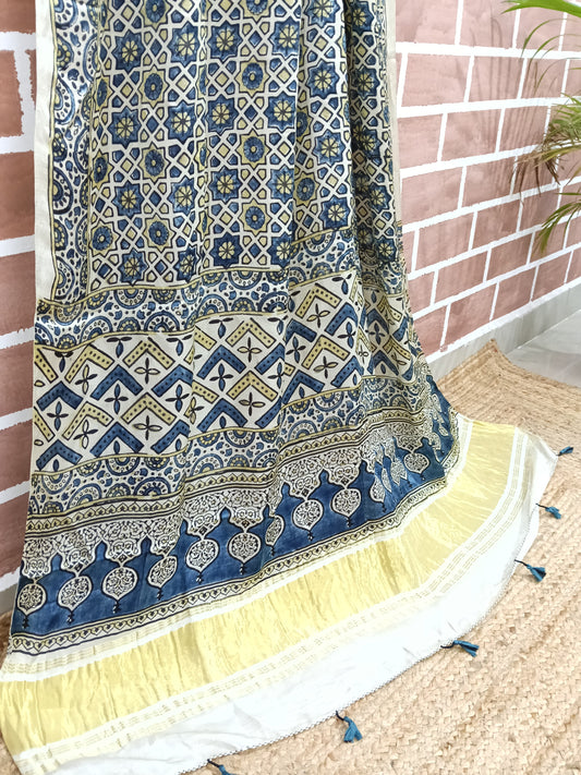 Ajrakh Modal Tissue Dupatta - White