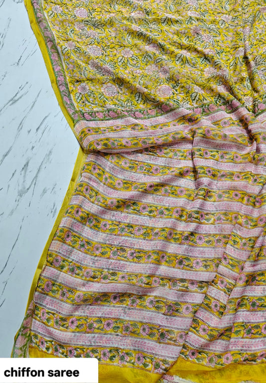 Chiffon Handblock Printed Saree : Availablility up on production