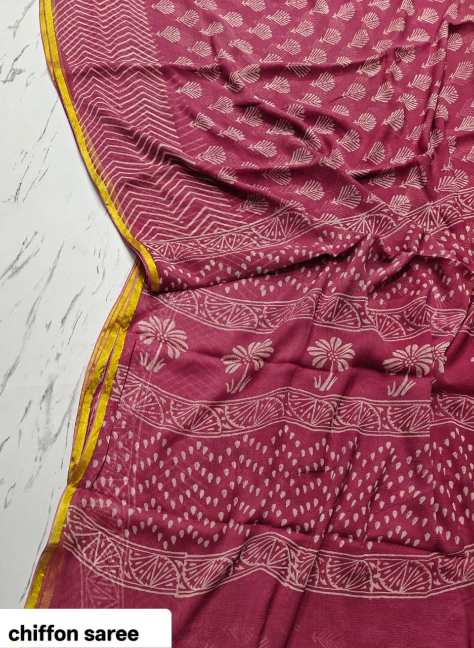 Chiffon Handblock Printed Saree : Availablility up on production