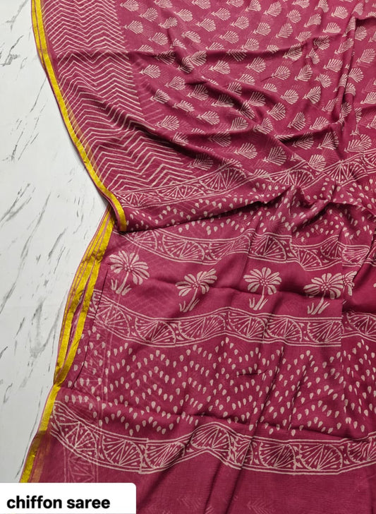 Chiffon Handblock Printed Saree : Availablility up on production