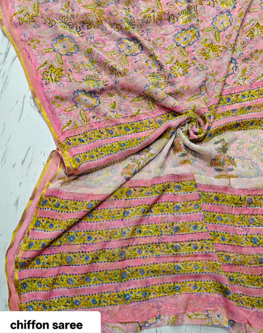 Chiffon Handblock Printed Saree : Availablility up on production