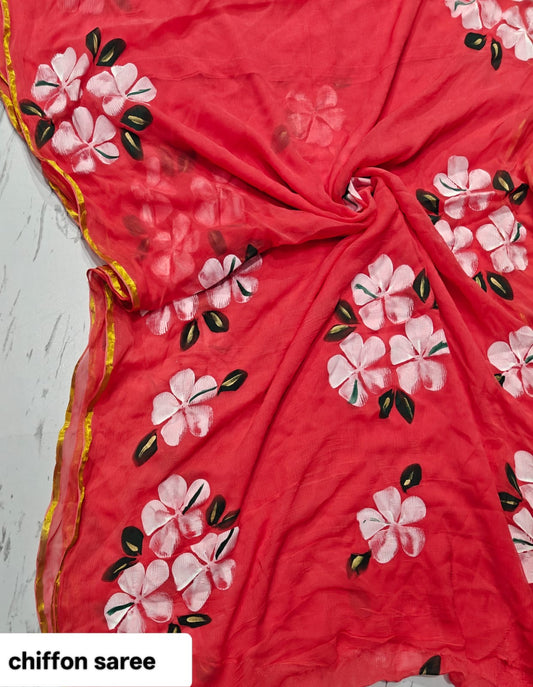 Chiffon Handblock Printed Saree : Availability up on Production
