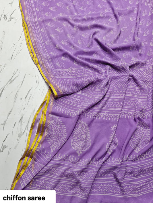 Chiffon Handblock Printed Saree : Availablility up on production