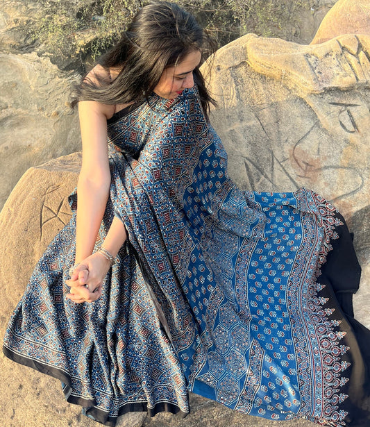 Ajrakh modal silk saree: Ready to ship