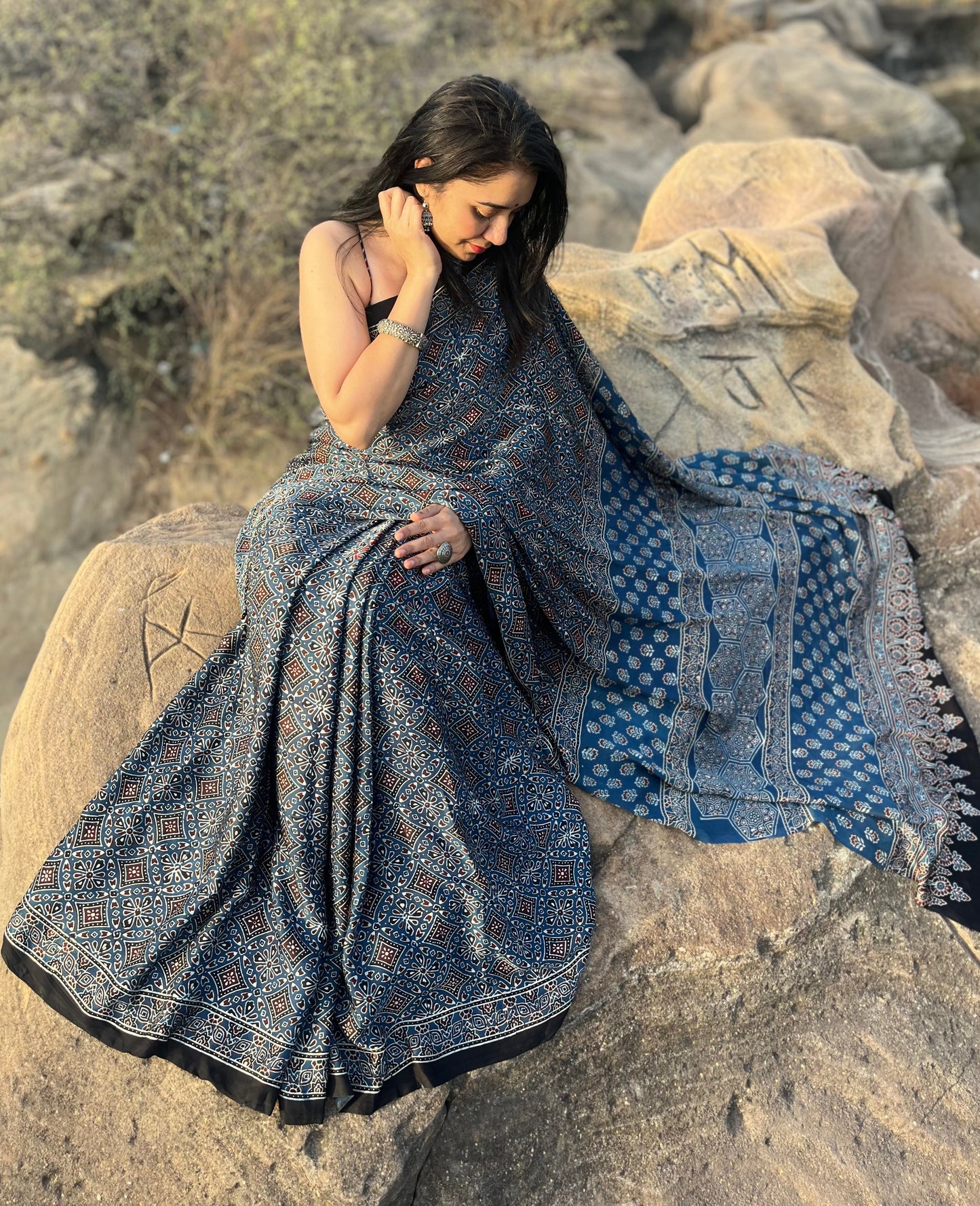 Ajrakh modal silk saree: Ready to ship
