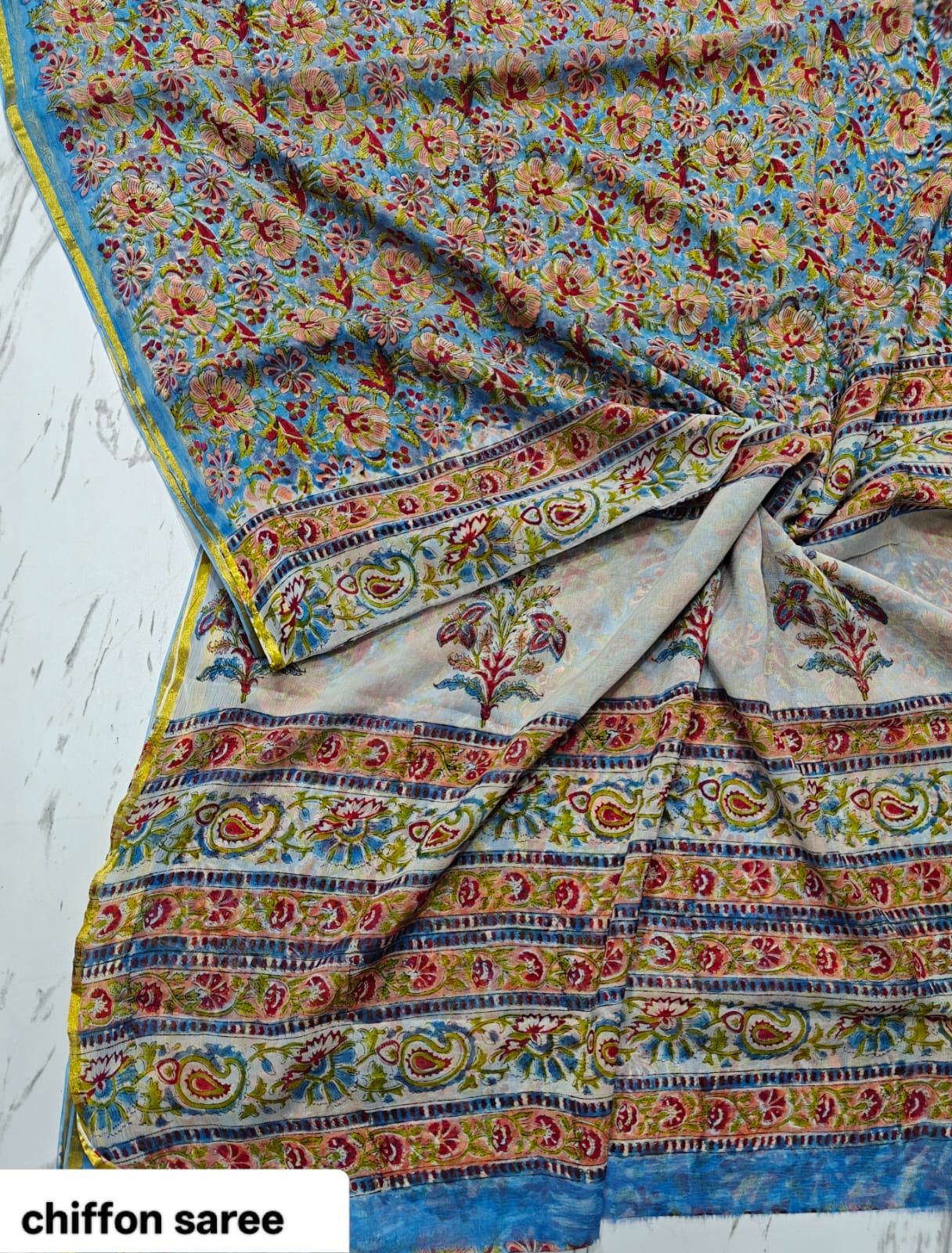 Chiffon Handblock Printed Saree : Availability up on Production