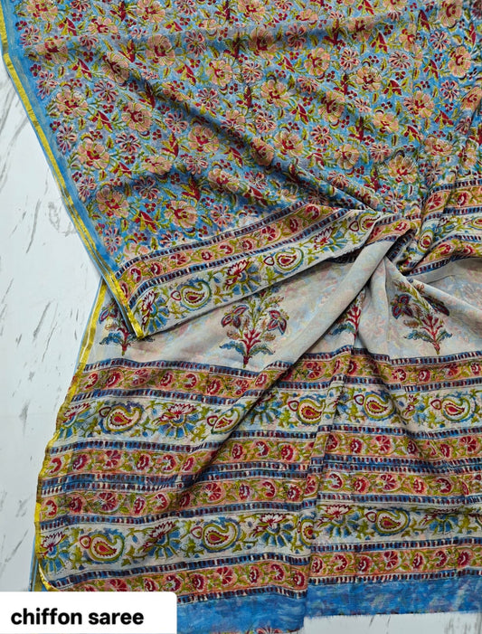 Chiffon Handblock Printed Saree : Availability up on Production