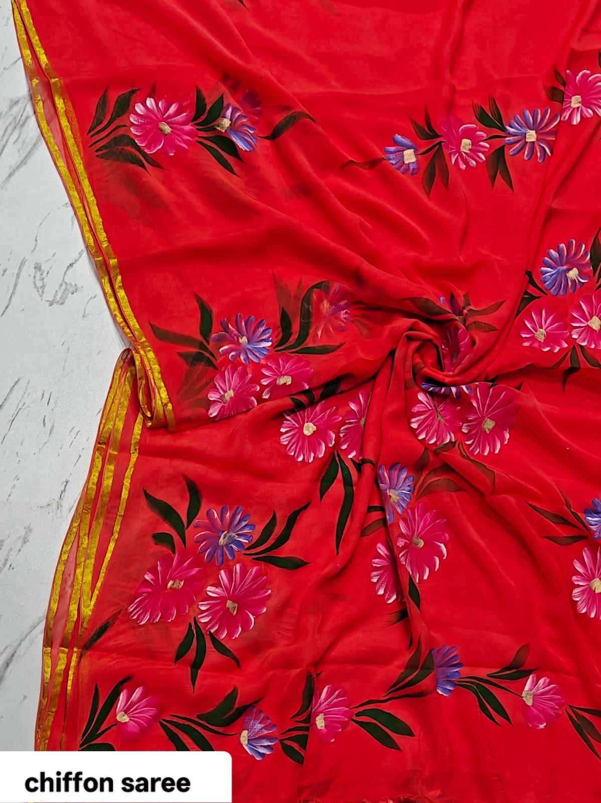 Chiffon Handblock Printed Saree : Availability up on Production
