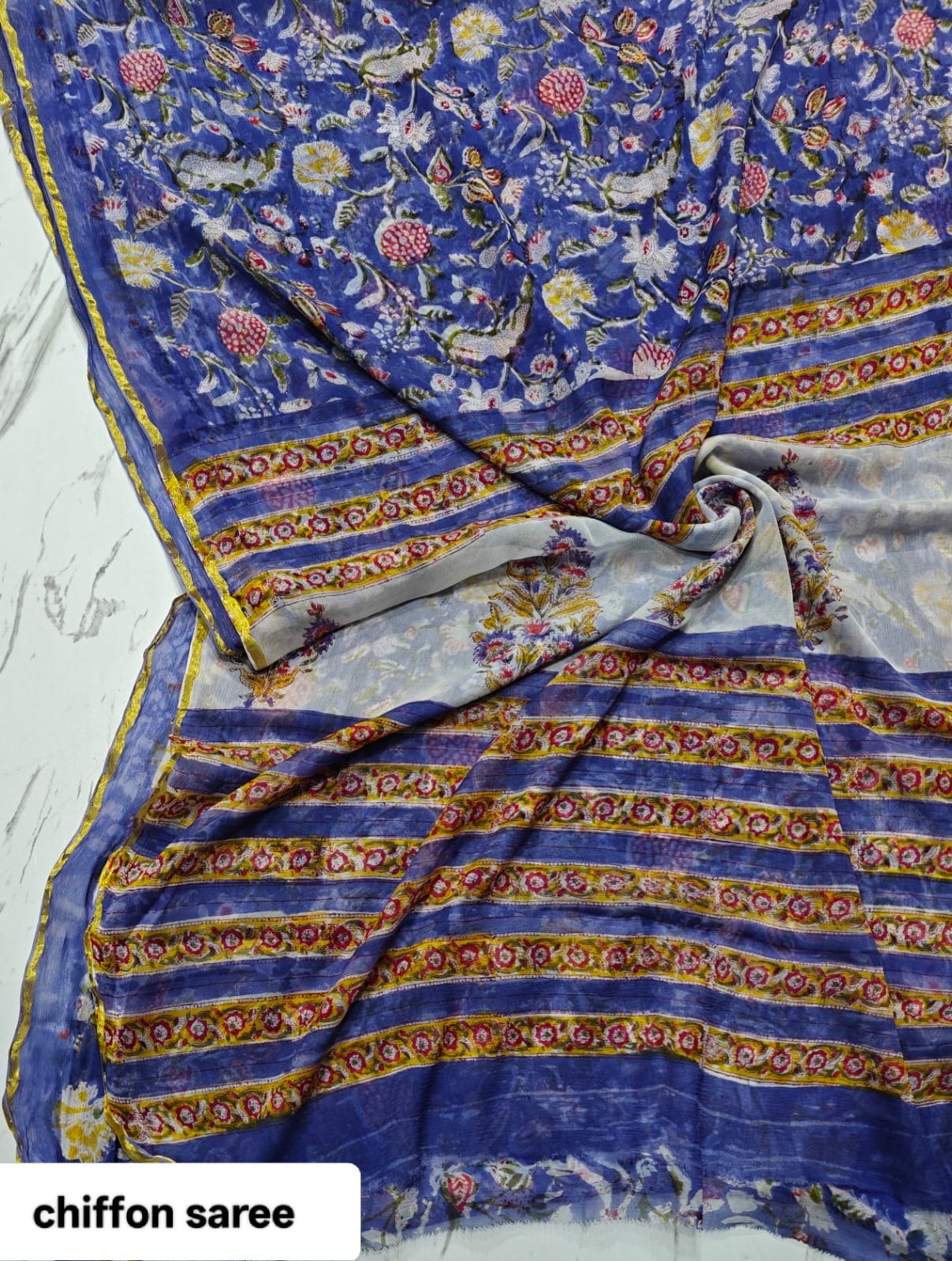 Chiffon Handblock Printed Saree : Availablility up on production