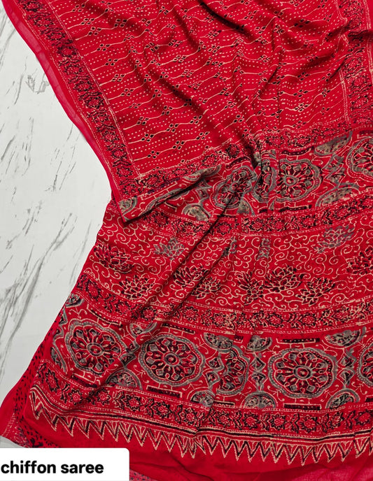 Chiffon Handblock Printed Saree : Availablility up on production