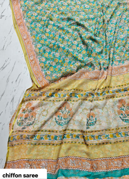 Chiffon Handblock Printed Saree : Availability up on Production