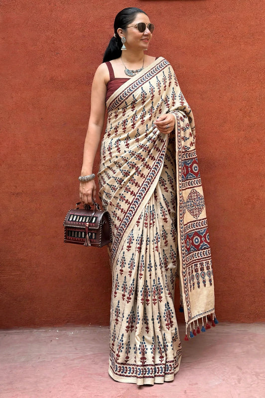 Ajrakh modal silk saree : Ready to ship