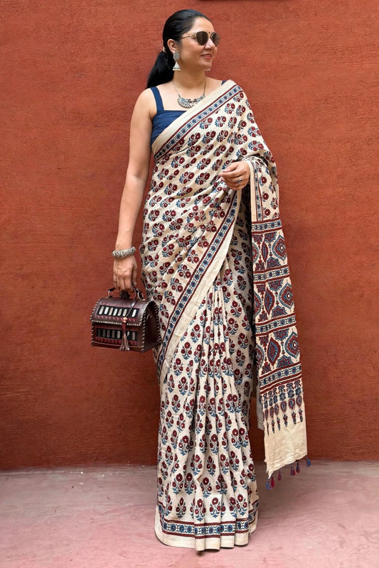 Ajrakh modal silk saree : Ready to ship