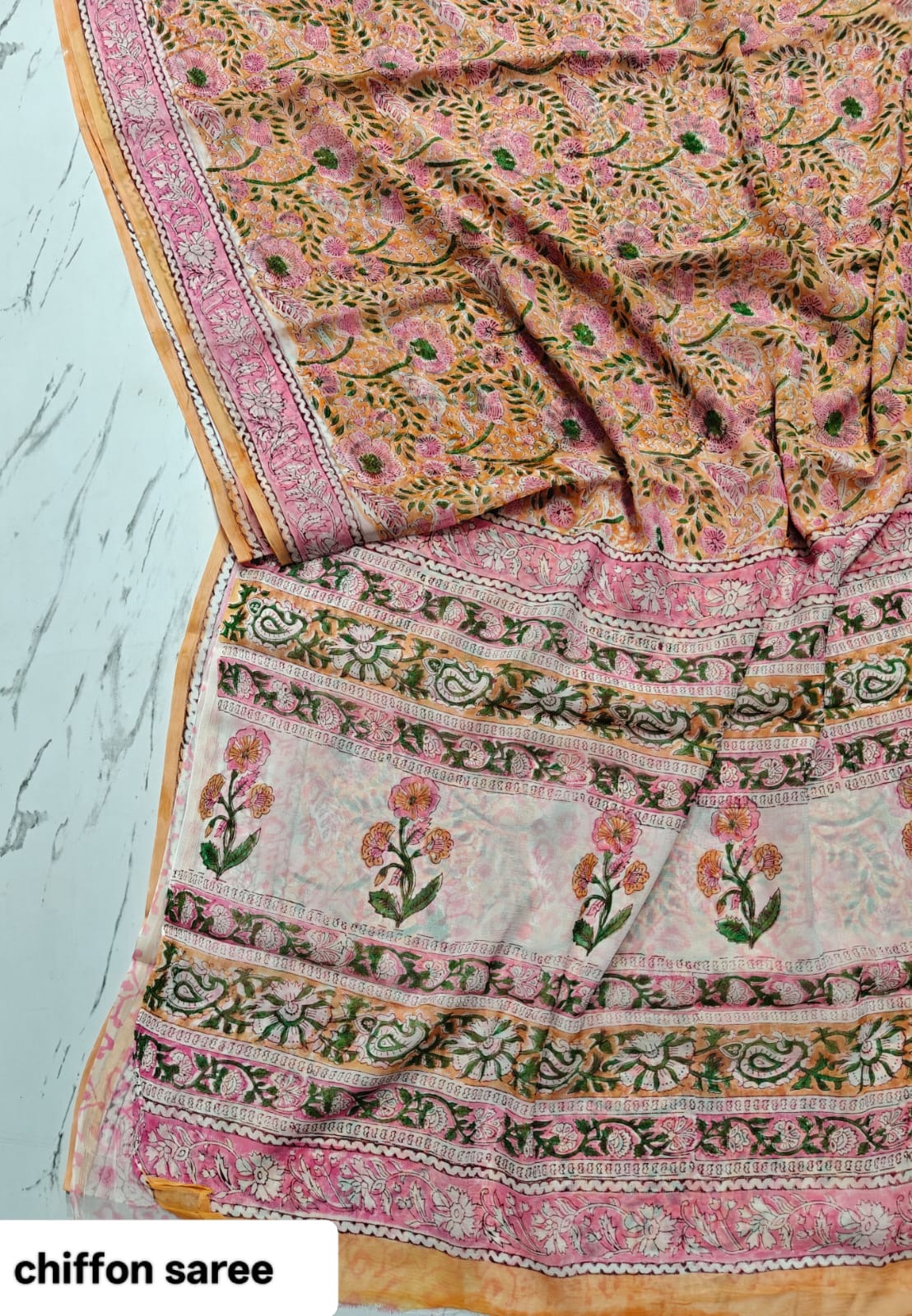 Chiffon Handblock Printed Saree : Availability up on Production