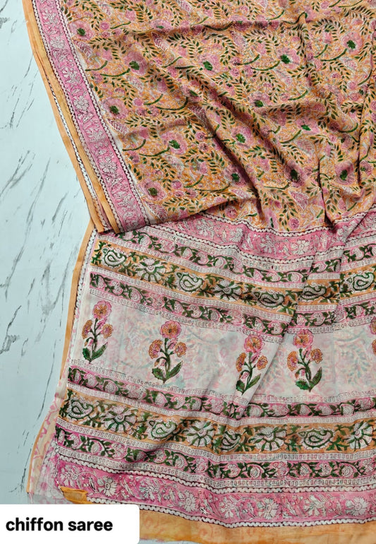 Chiffon Handblock Printed Saree : Availability up on Production
