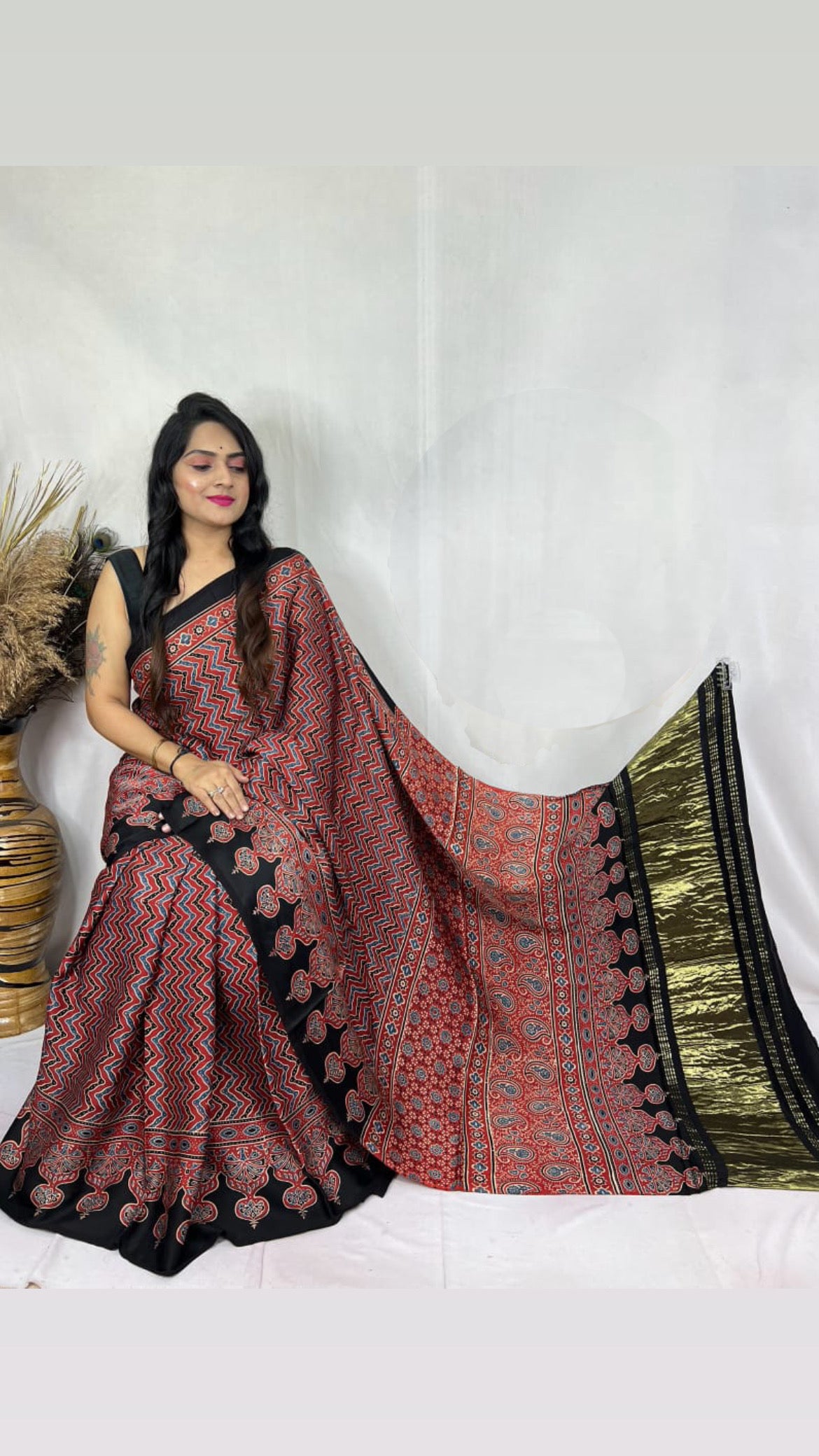 Ajrakh Modal Tissue Pallu Saree : Make to order