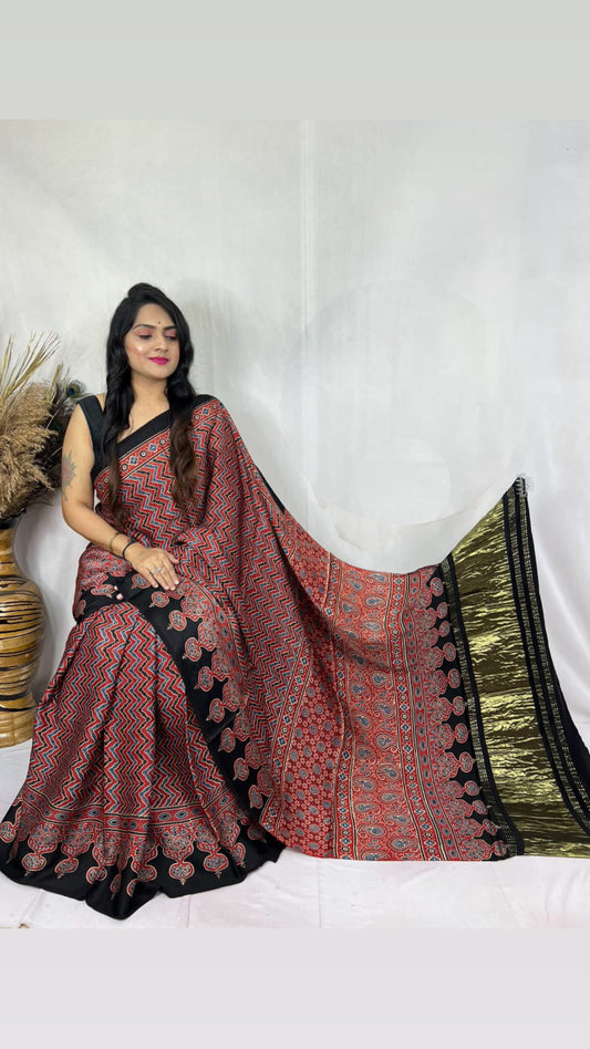 Ajrakh Modal Tissue Pallu Saree : Make to order