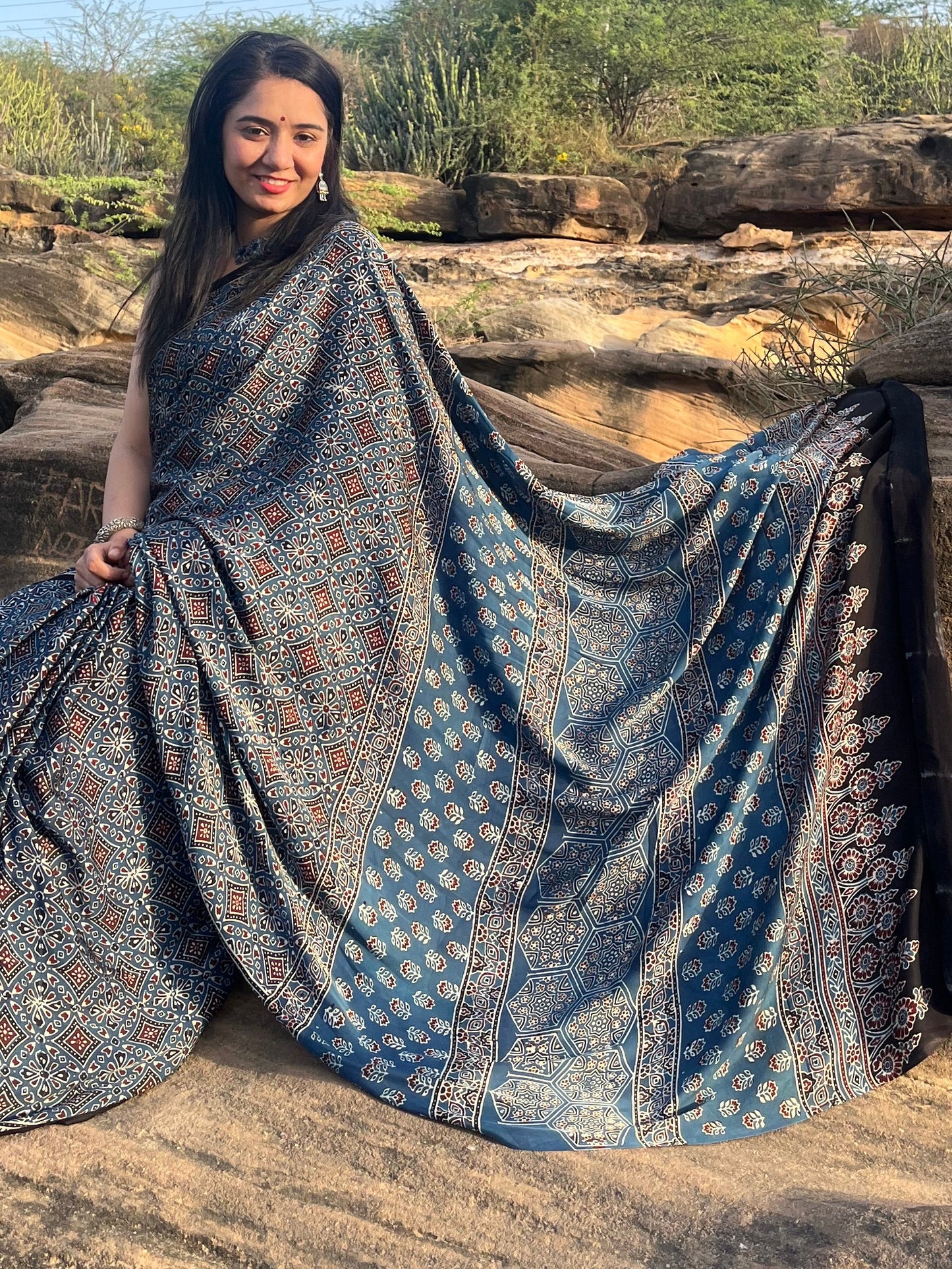 Ajrakh modal silk saree: Ready to ship