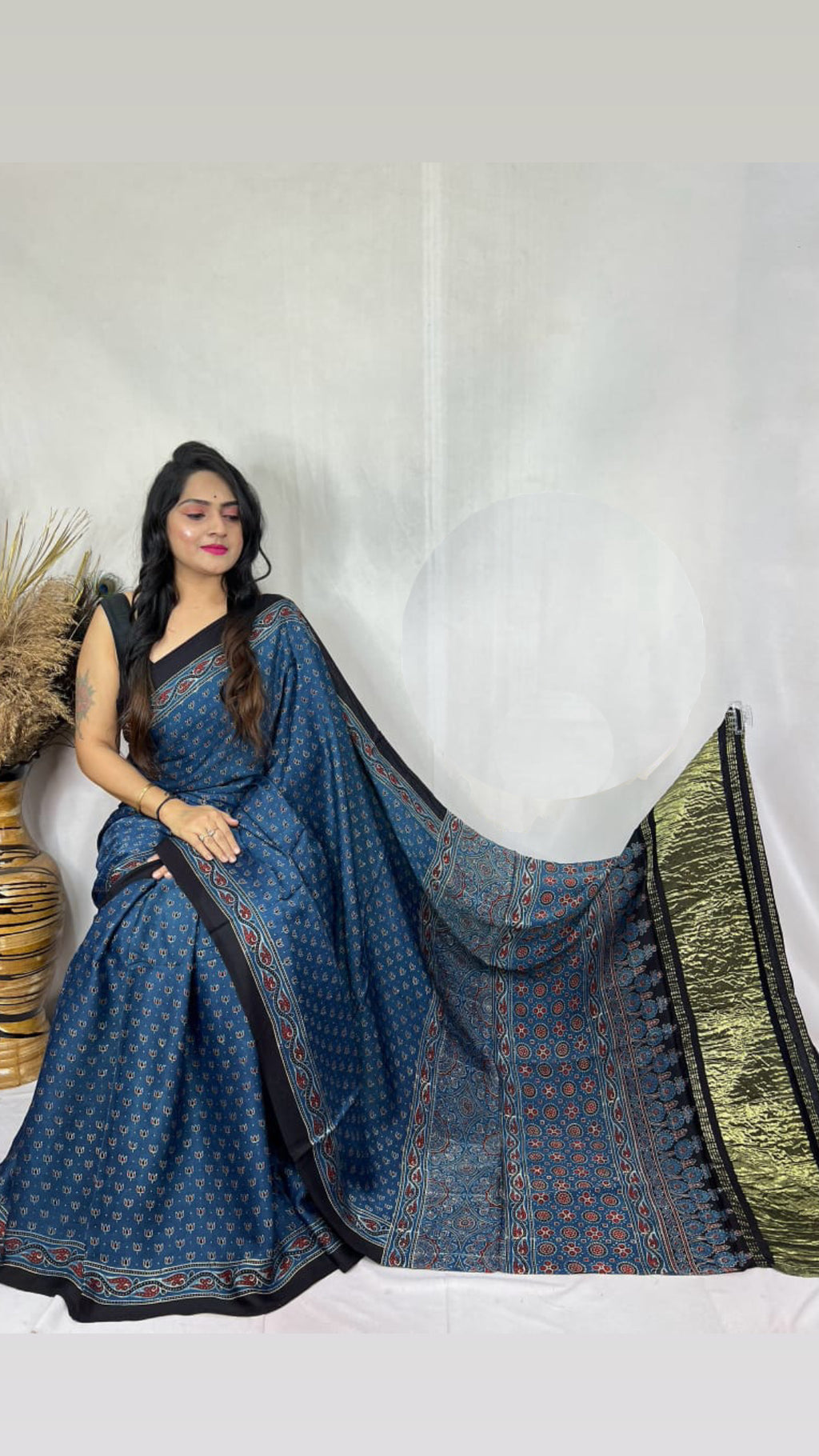 Ajrakh Modal Silk Tissue Pallu saree