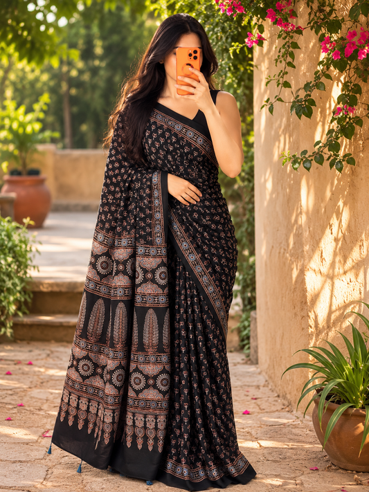 Ajrakh modal silk saree : Ready to ship in 15-20 days