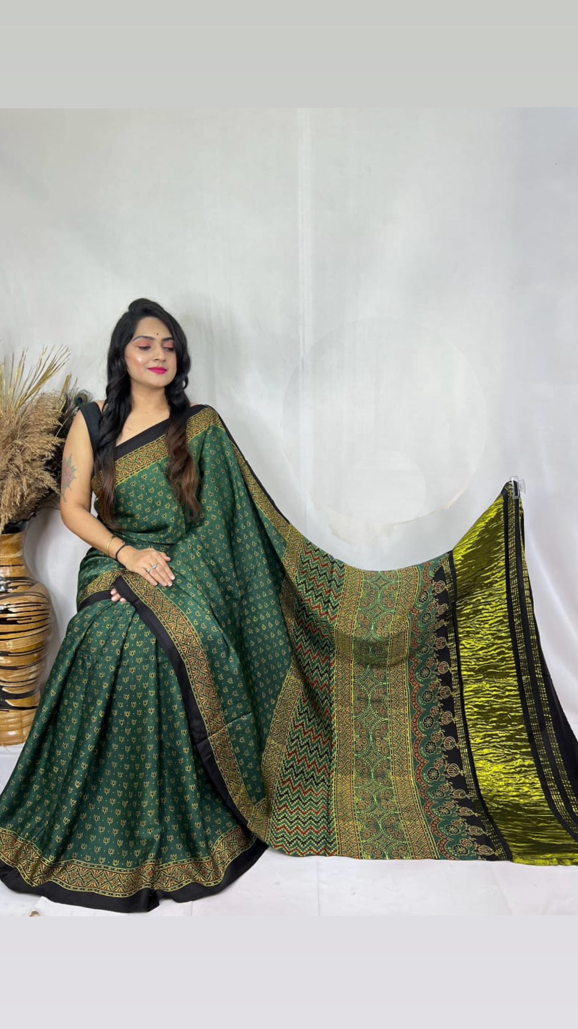 Ajrakh modal silk tissue pallu saree : Make to order